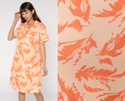 60s Orange Floral Shift Dress Feather Print Zip Front Knee Length XL