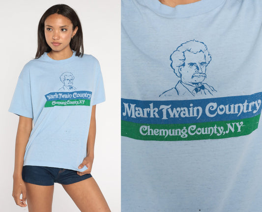 80s Mark Twain Country Chemung County NY Graphic T-Shirt Blue Burnout Extra Large