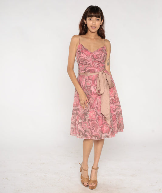 Y2K Pink Indian Floral Wrap Dress Spaghetti Strap V Neck Knee Length Small