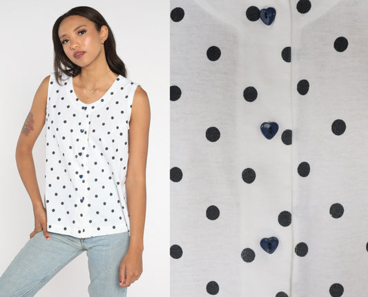 80s White Polka Dot Tank Top Heart Button Single Stitch Small
