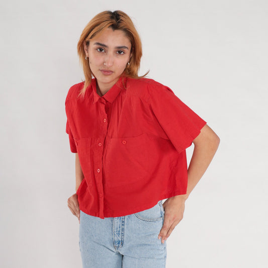 80s Red Button-Up Blouse Short Sleeve Chest Pocket Cotton Blend Medium