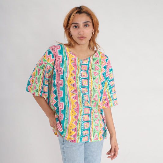 90s Geometric Striped T-Shirt Green Blue Pink Surfer Print Extra Extra Large XXL