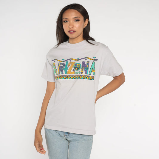 Y2K Arizona Southwestern Cactus Graphic T-Shirt Grey Cotton Medium
