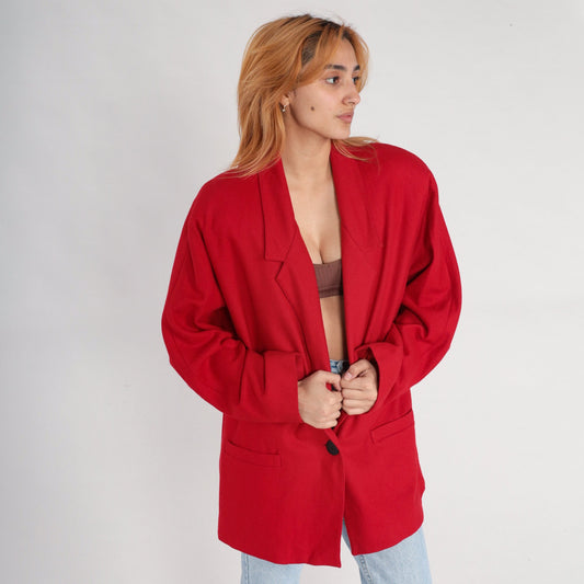 80s Red Wool Blazer Jacket Single Button Tailored Extra Large XL