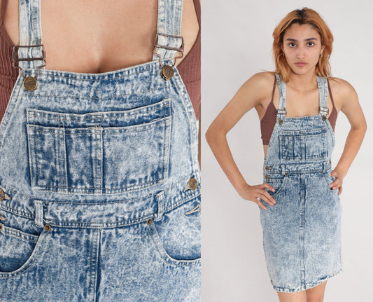 80s Acid Wash Denim Overall Dress Mini Sleeveless Bib Jumper Small
