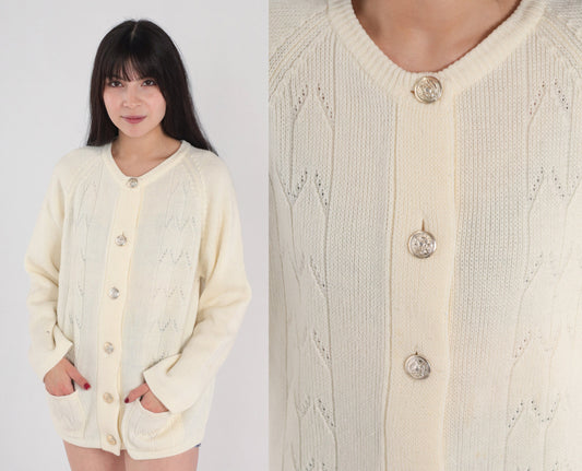 80s Off-White Pointelle Cardigan Silver Button Knit Sweater Medium Large
