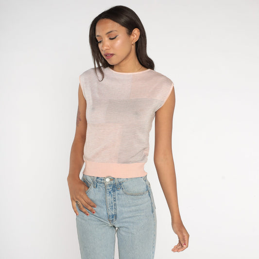 00s Pink Grey Colour Block Knit Cap Sleeve Sweater Top Extra Small