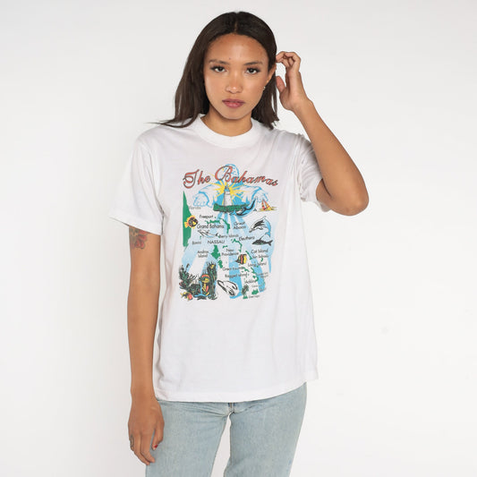 90s Bahamas Graphic T-Shirt Caribbean Islands Dolphin Tee White Medium