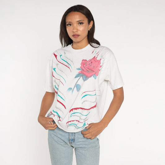 90s Painted Rose Graphic T-Shirt Floral Print White Cotton Medium Large