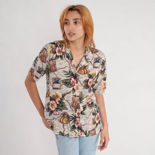 90s Nautical Floral Ship Suitcase Rayon Button-Up Blouse Short Sleeve Medium Petite