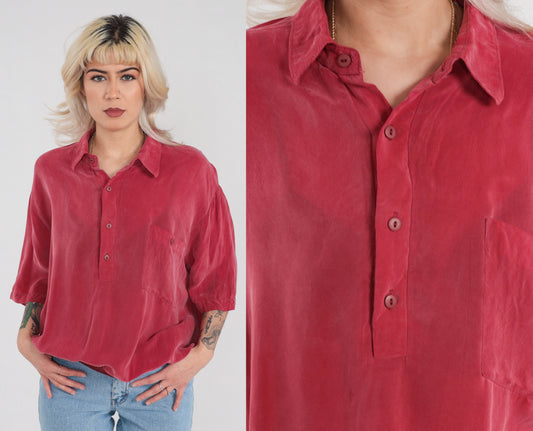 90s Red Polo Shirt Silky Rayon Half Button Collared XL