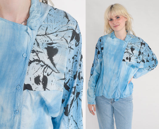 90s Blue Tie Dye Abstract Print Blouse Asymmetrical Dolman Sleeve Large