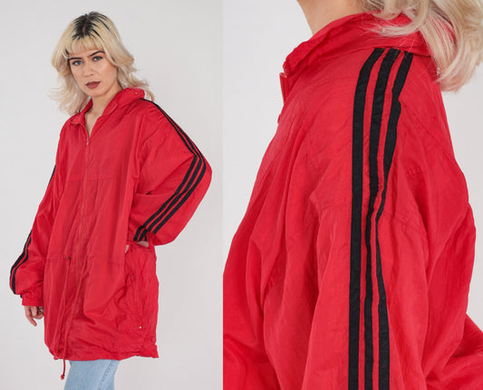 90s Red Striped Nylon Windbreaker Zip Jacket Black Sleeves Men's Extra Large