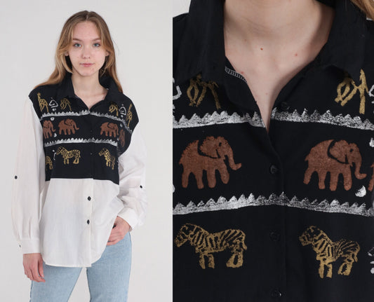 90s Safari Animal Button-Up Blouse White Glitter Giraffe Elephant Zebra Large L