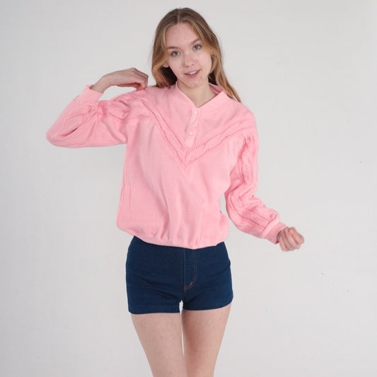 80s Pink Cable Knit Henley Sweatshirt Snap Pullover Small