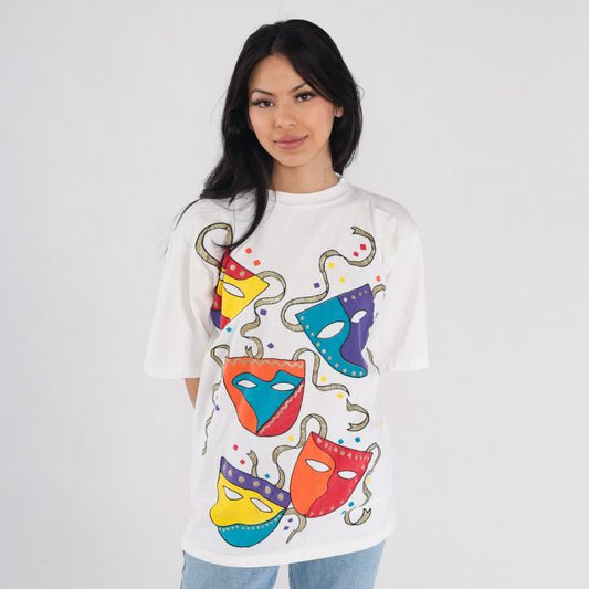 90s Glitter Drama Masks Graphic T-Shirt White Sparkly Theater Tee Small