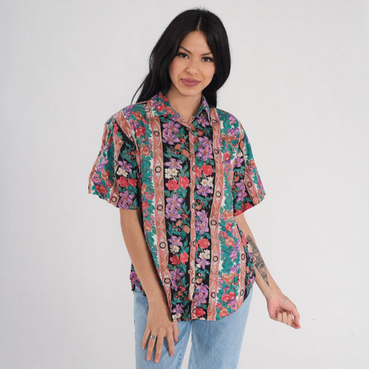 90s Striped Floral Fruit Print Cotton Button-Up Blouse Short Sleeve Small