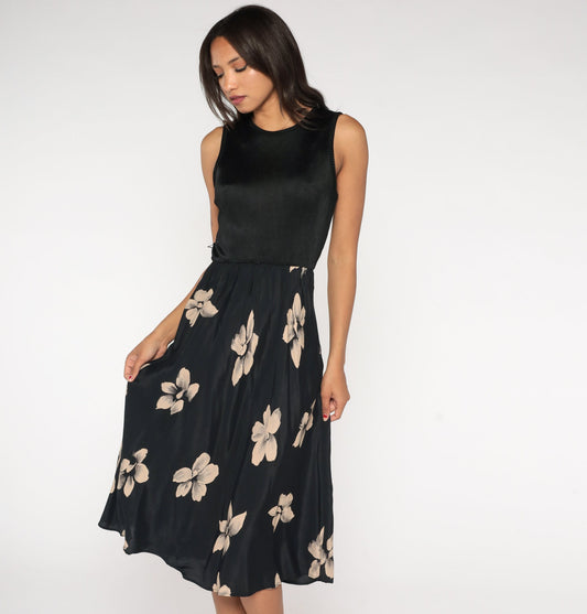 90s Black Floral Midi Dress Ribbed High Waist Sleeveless Small Medium