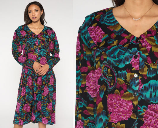 90s Paisley Floral Midi Dress Button-Up Low Waist Blue Purple Rayon Medium