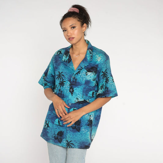 80s Tropical Surfer Shirt Blue Cotton Button Up Palm Tree Graphic Extra Large