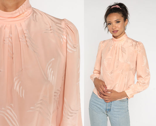 80s Peach Embossed Blouse Puff Sleeve Mock Neck Geometric Button Back Small