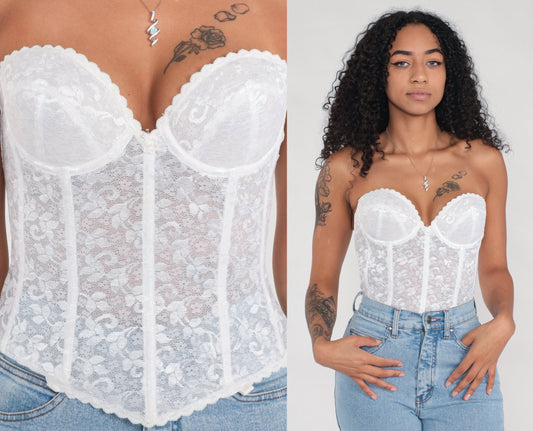 80s White Floral Lace Bustier Corset Boned Strapless Sweetheart 36B