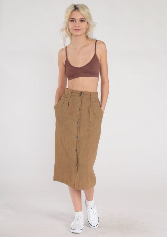 80s Brown Wool Midi Skirt High Waist Pleated Button Front Pockets Extra Small