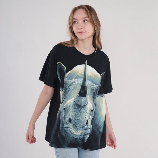 90s Rhino Animal Graphic T-Shirt Black Cotton Wildlife Print Large L
