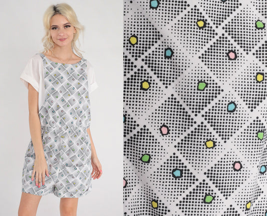 80s White Geometric Diamond Dot Romper Playsuit Cuffed Sleeve Medium M