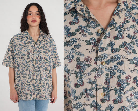 90s Beige Floral Button-Up Shirt Men's Large Short Sleeve Collared