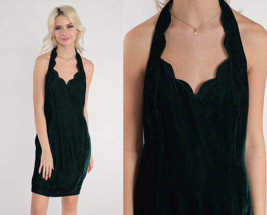 90s Dark Green Velvet Mini Dress Scalloped Halter Open Back Small