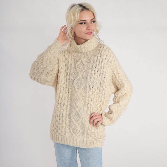 90s Liz Claiborne Cream Cable Knit Wool Turtleneck Sweater Medium M