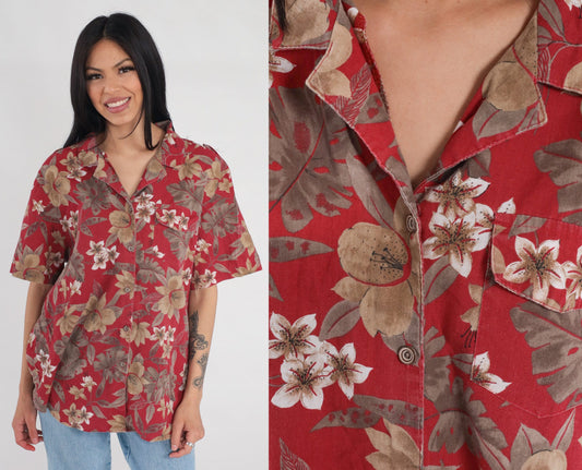 90s Red Tropical Floral Button-Up Shirt Short Sleeve Plumeria Print Extra Large XL