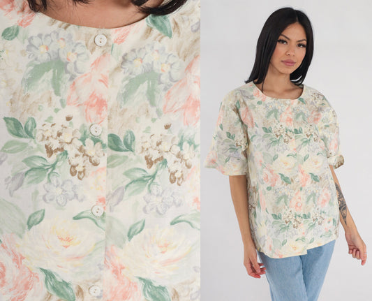 90s Floral Rose Print Button-Up Blouse Short Sleeve Cream Pink Green Large L