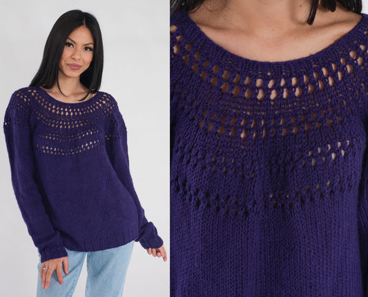 00s Purple Knit Pullover Sweater Open Weave Cutout Yoke Large L