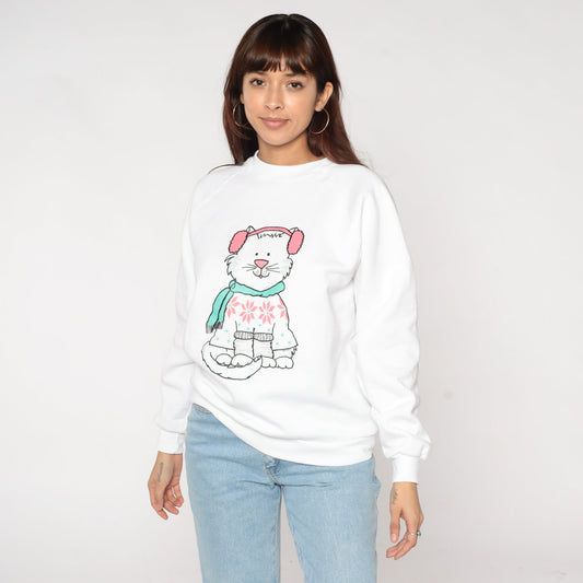 90s Winter Cat Front Back Print Sweatshirt White Jerzees Raglan Large L