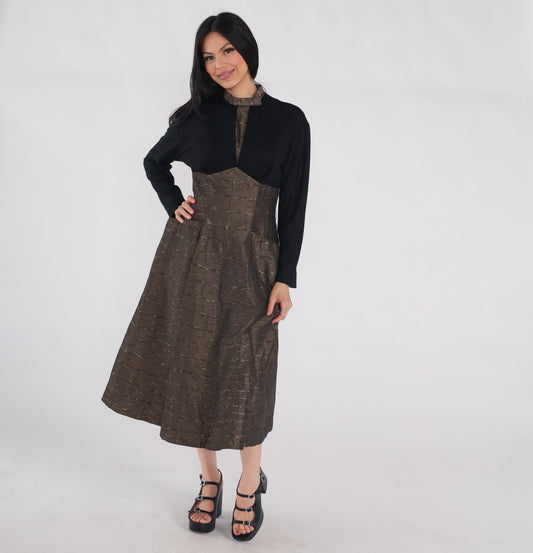 1950s Metallic Striped Brown Wool Midi Dress Black Bow High Neck Medium
