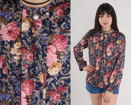 80s Blue Floral Pleated Blouse Long Sleeve Rose Leaf Print Tuxedo Top Medium
