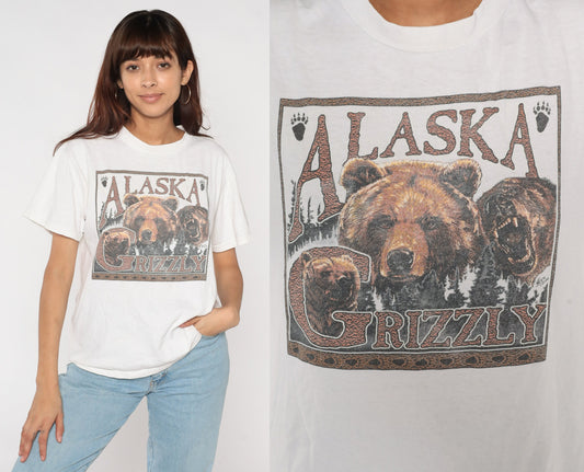 90s Grizzly Bear Alaska Wildlife Graphic T-Shirt White Cotton Medium M