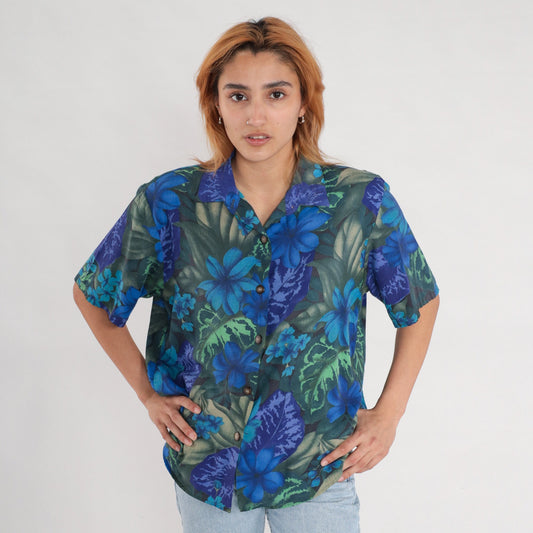 80s Tropical Floral Button-Up Shirt Blue Short Sleeve Blouse Large L