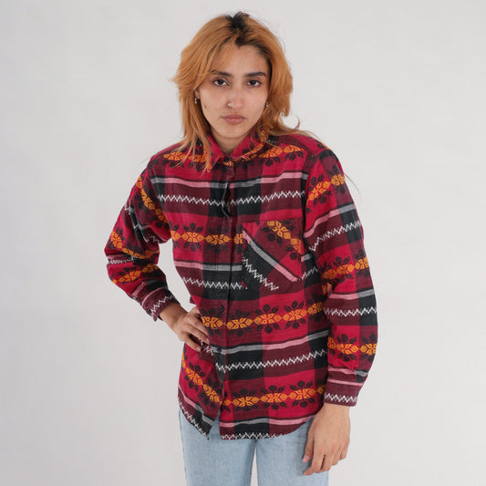 90s Checkered Floral Button Up Blouse Red Black Embroidered Long Sleeve Medium