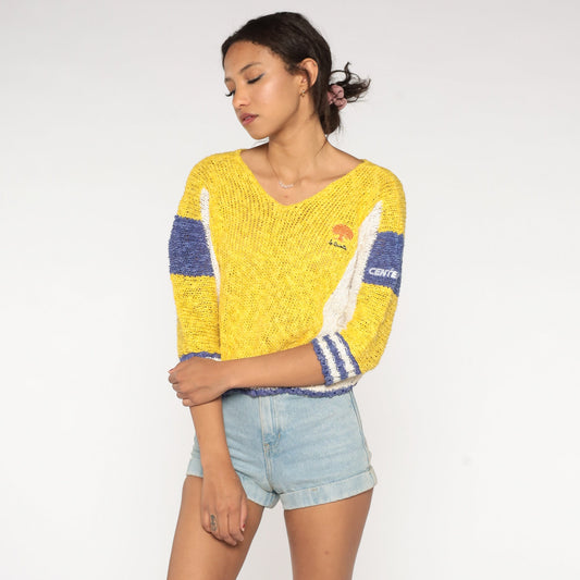 80s La Quinta Color Block Sweater Yellow Purple Cropped Knit Medium