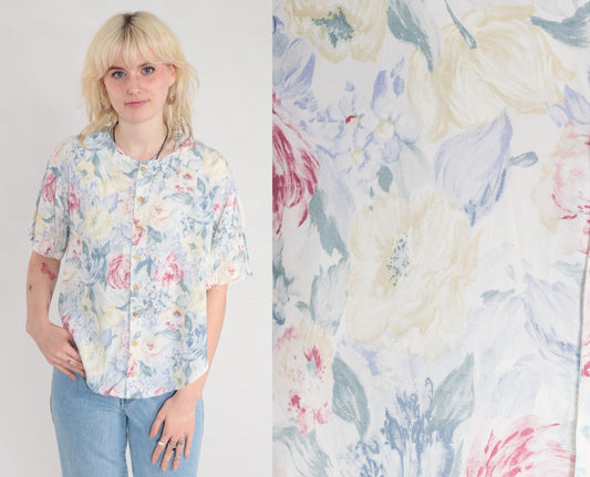 90s Rose Floral Rayon Blouse White Button-Up Short Sleeve Medium