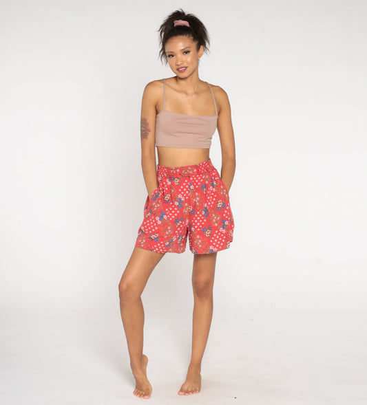 90s Liz Claiborne Floral Patchwork Shorts Red High Waist Pleated Medium