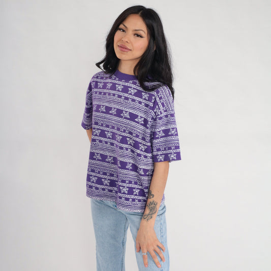 90s Pro Spirit Purple Striped Floral T-Shirt Geometric Print Petite Large