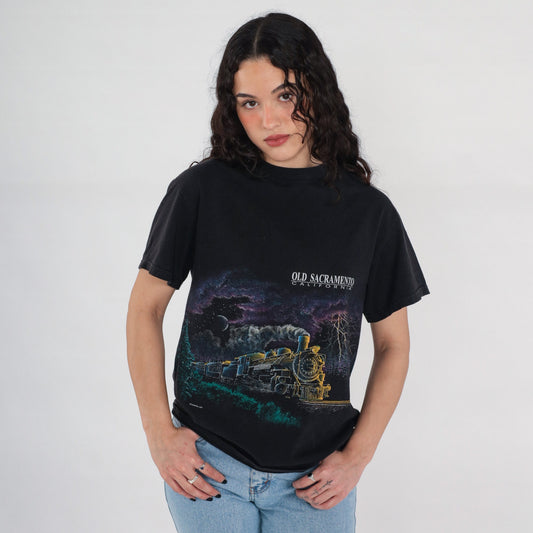 90s Train Shirt Old Sacramento Night Sky Full Moon Graphic Tee Black Medium