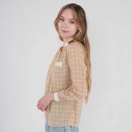 70s Plaid Half-Button Blouse Long Sleeve Checkered Shirt Tan White Small