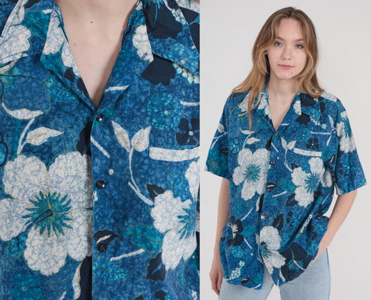 90s Blue Hawaiian Shirt Tropical Floral Leaf Print Cotton Button Up Large