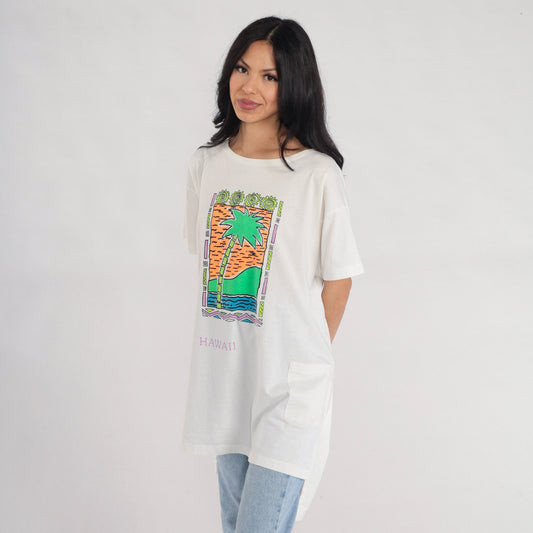 90s Hawaii Palm Tree Graphic T-Shirt Dress White Tropical Print Medium Large