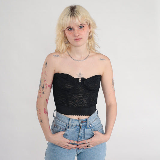 90s Black Lace Strapless Bustier Bra Underwire Sweetheart Neckline 34D